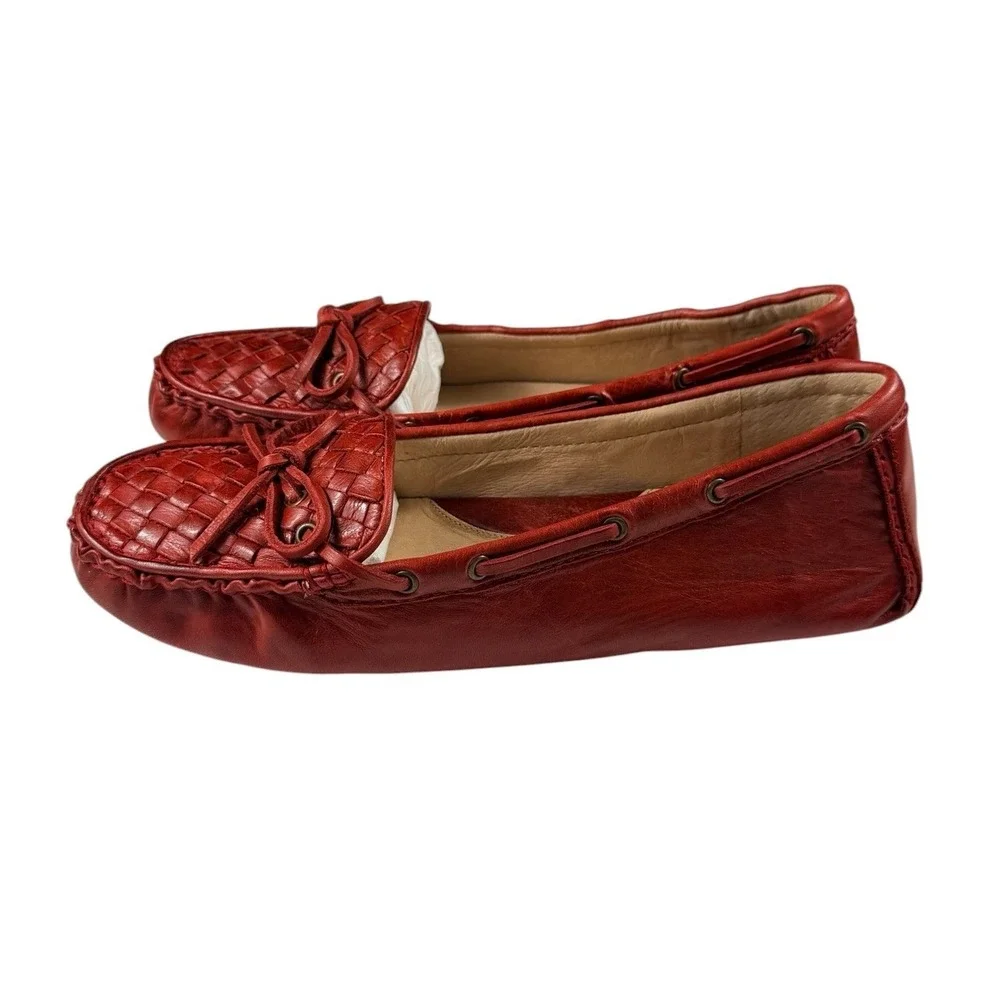 Frye Reagan Woven Burnt Red Leather Driving Loafers Womens 10M 72325 Bow NEW